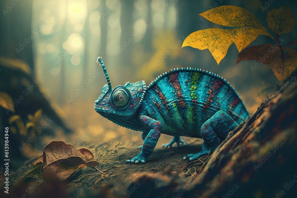 vibrant chameleon perched on the forest floor. Generative AI