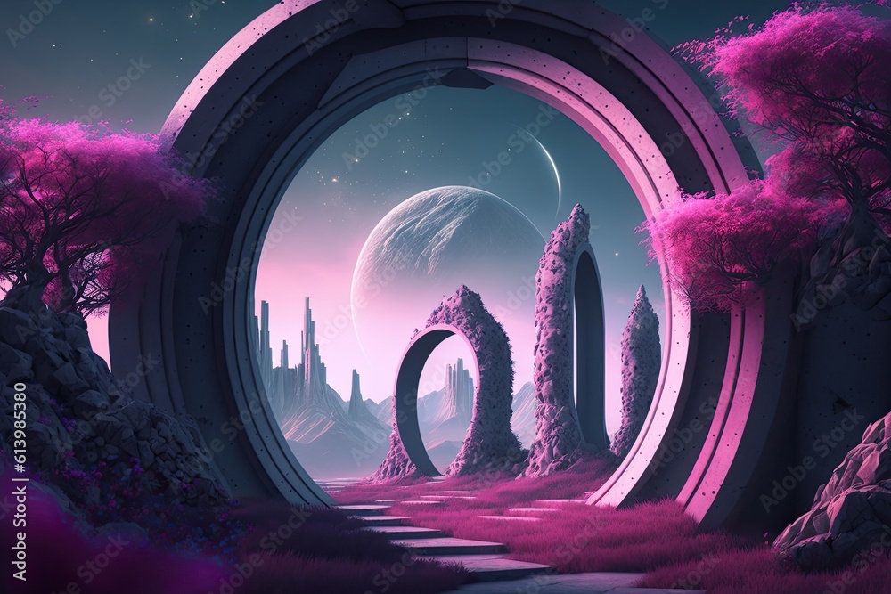 Futuristic Landscape with Pink and Purple Hue. Generative AI