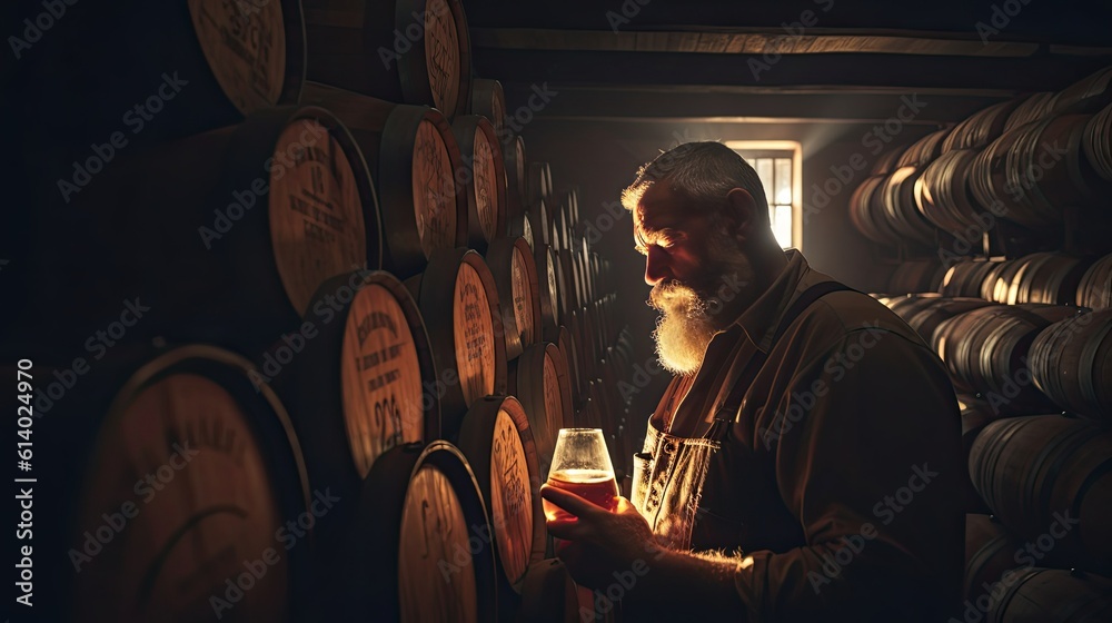 A brewers sample craft beer in a brewery with a large collection of oak barrels. Generative ai