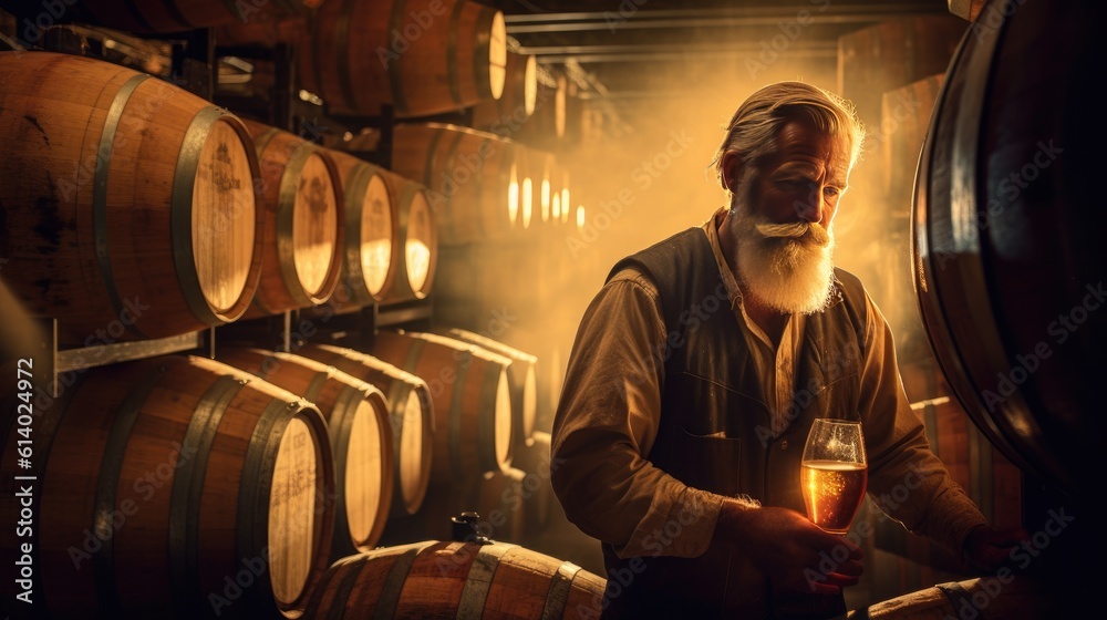 A brewer working and inspects oak barrels for fermentation in the brewery. generative ai