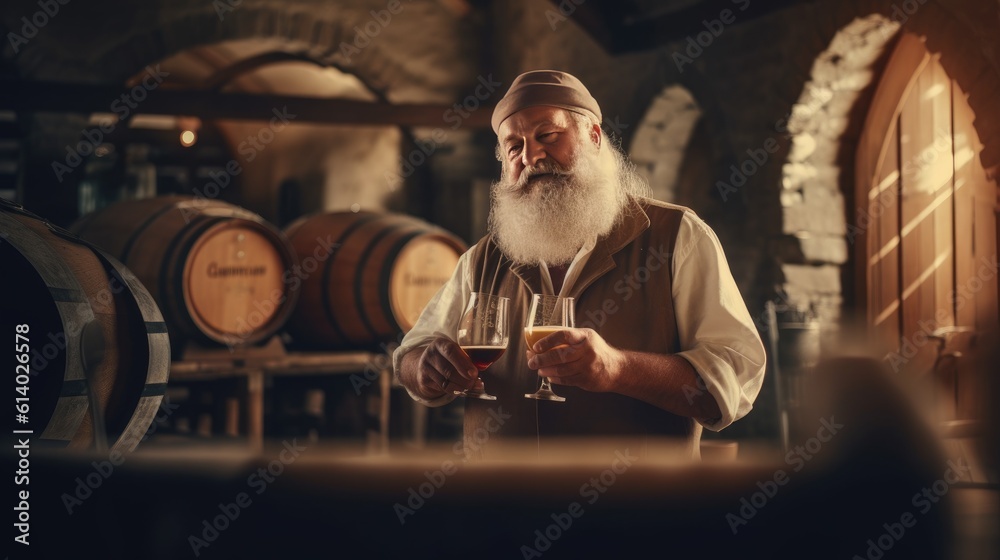 A brewers sample craft beer in a brewery with a large collection of oak barrels. Generative ai