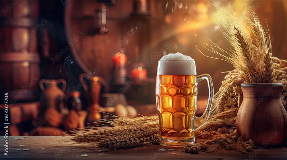 Beer Mug with wheat and hops in the brewery. oak barrel background. Generative AI