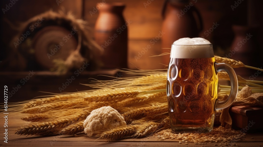 Beer Mug with wheat and hops in the brewery. oak barrel background. Generative AI