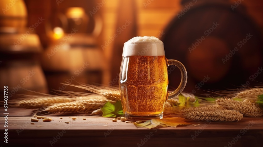 Beer Mug with wheat and hops in the brewery. oak barrel background. Generative AI