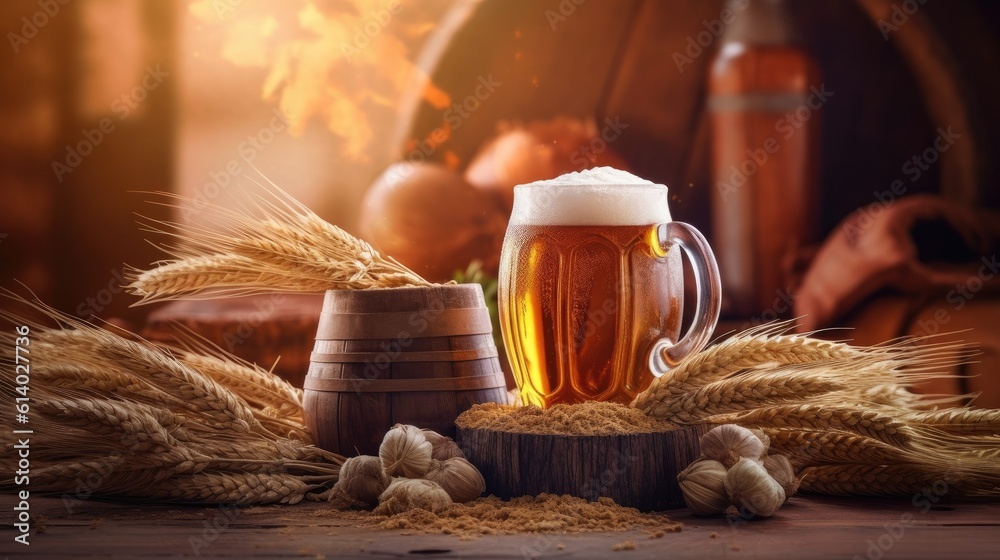 Beer Mug with wheat and hops in the brewery. oak barrel background. Generative AI