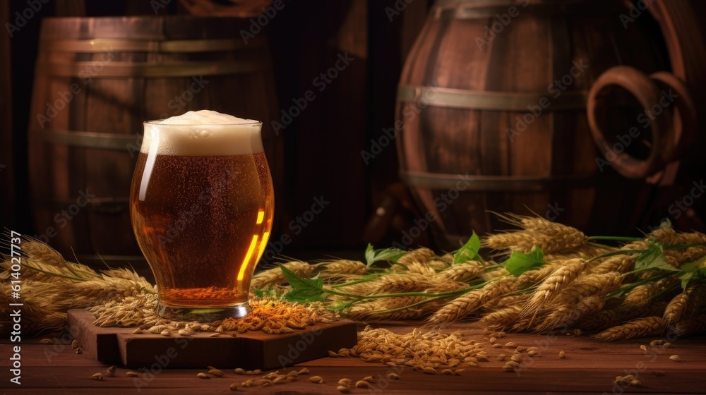 Beer Mug with wheat and hops in the brewery. oak barrel background. Generative AI