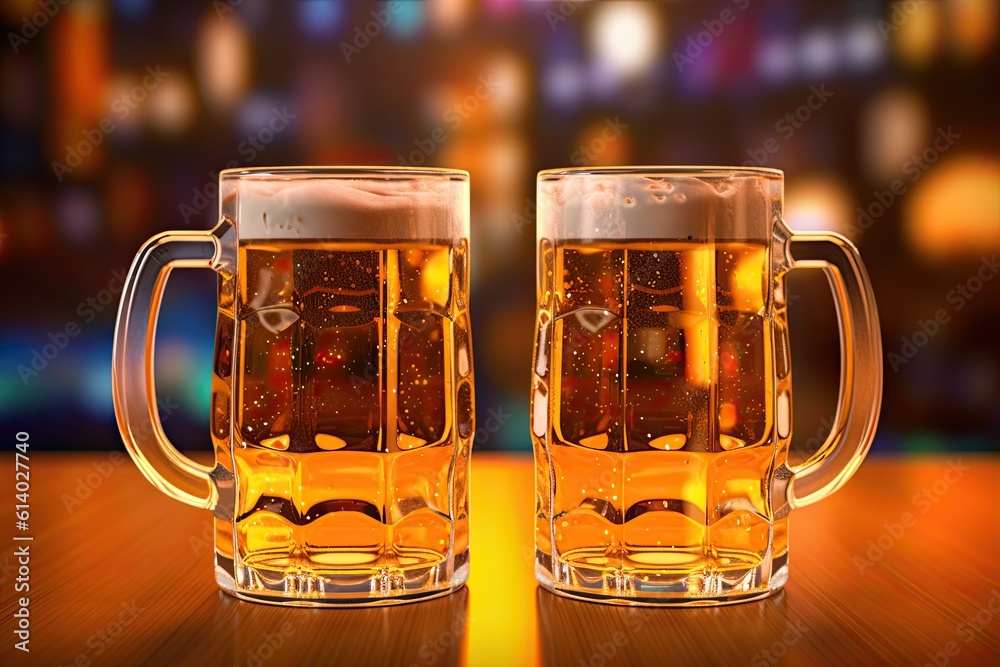 Two beer mugs of fresh and cold beer on brewery background. Generative AI