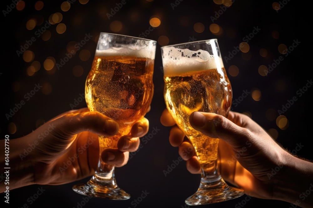 Close-up hands of holding beer glasses and beer bubbles. Cheers. Generative ai