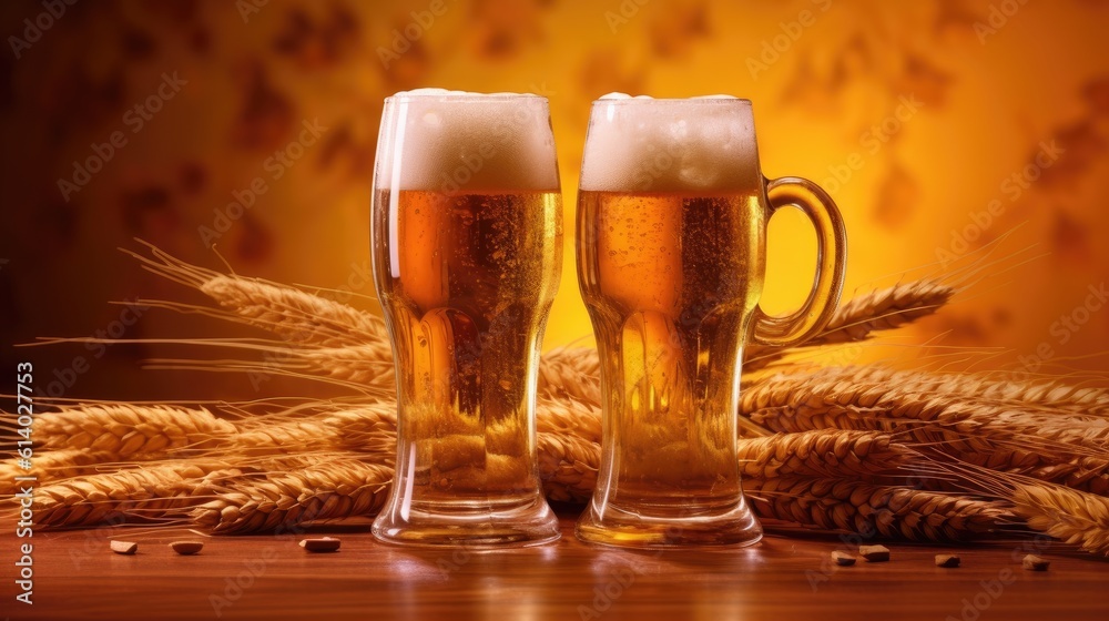 Draught beer craft in glasses on gold background. Generative AI