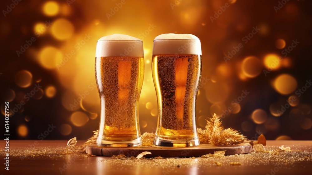 Draught beer craft in glasses on gold background. Generative AI