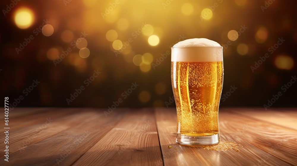 Fresh cold beer on wooden floor on gold background . Generative AI