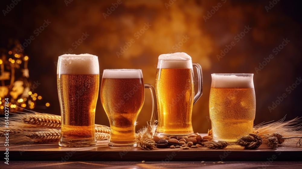 Draught beer craft in glasses on gold background. Generative AI