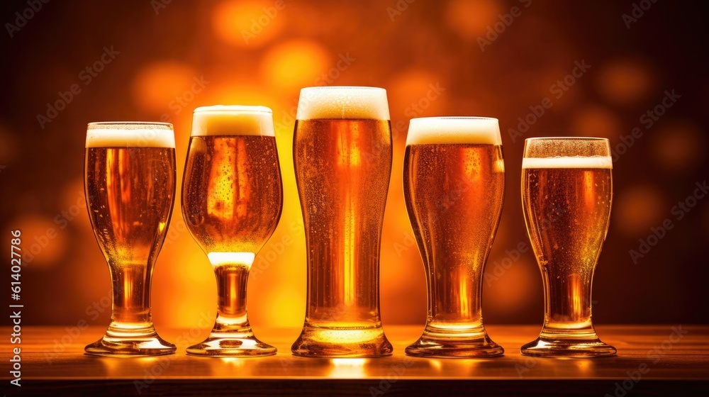 Draught beer in glasses on gold background. Generative AI