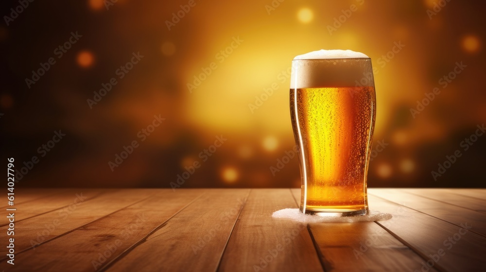 Fresh cold beer on wooden floor on gold background . Generative AI