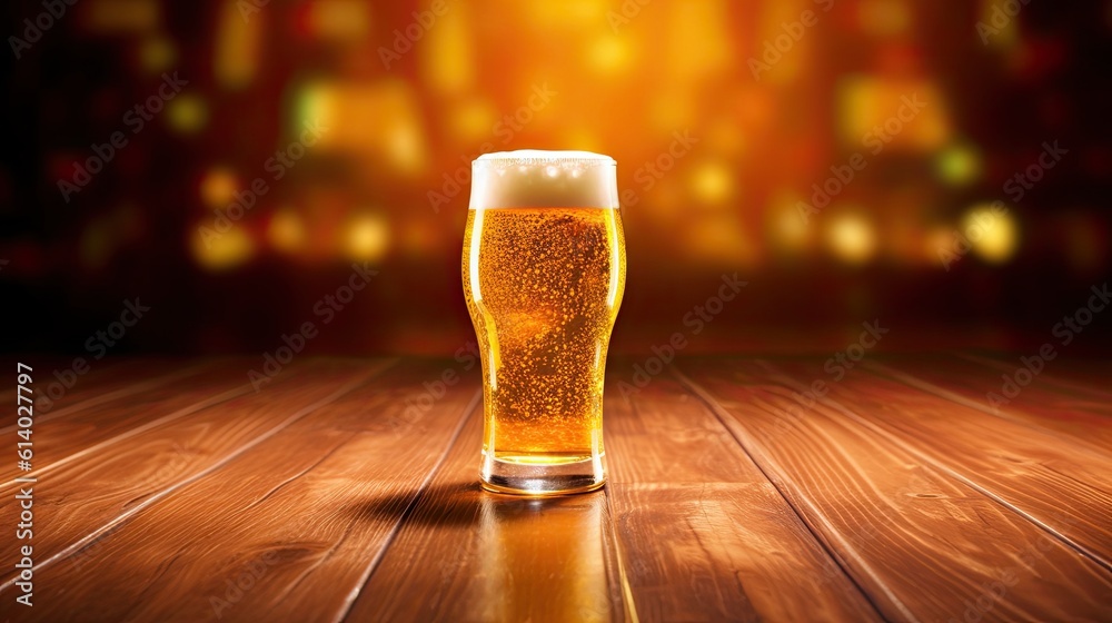 Fresh cold beer on wooden floor on gold background . Generative AI