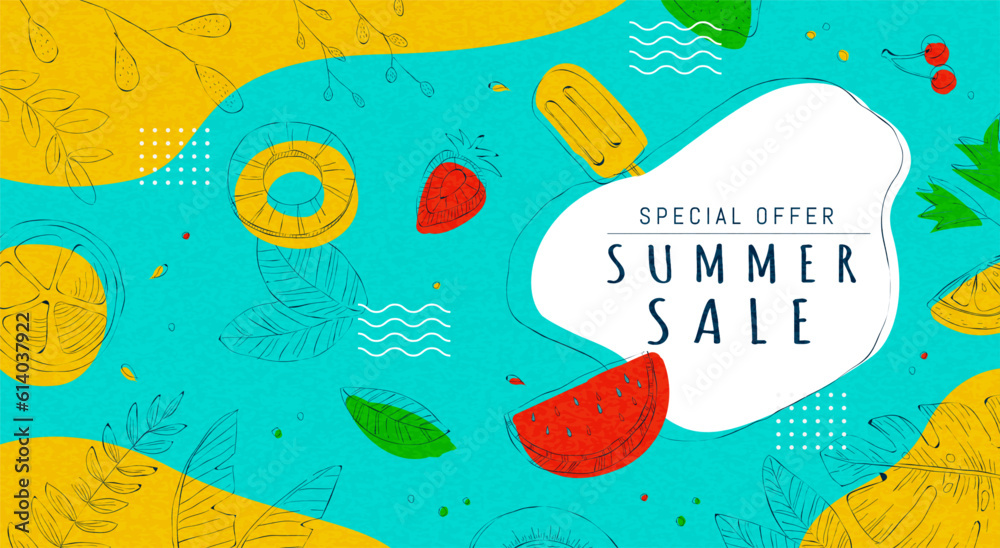 Tropical line art summer sale ad