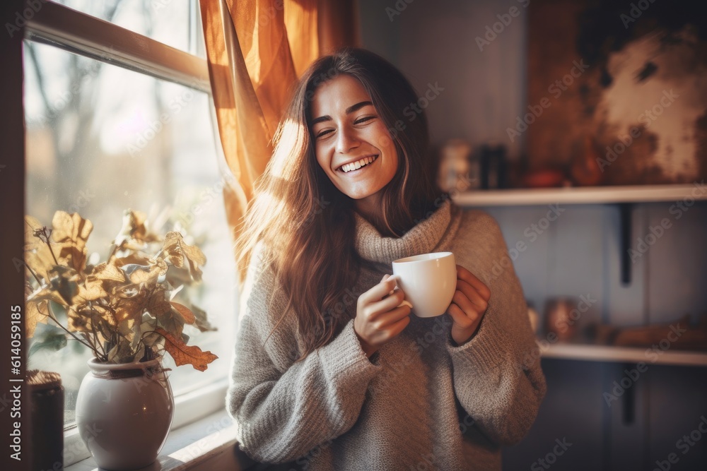 Portrait of joyful young woman enjoying a cup of coffee at home and laughing in an autumn day. Gener