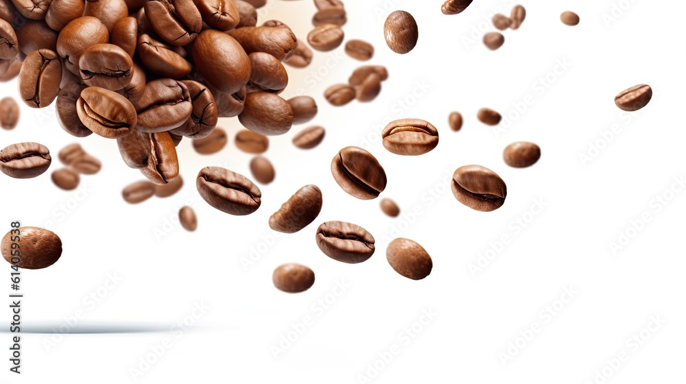 Coffee beans in flight on white background. Generative ai