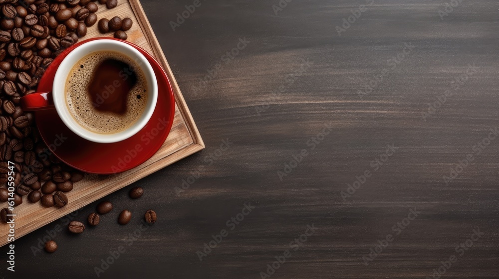 Top view, Coffee cup and beans on old kitchen table. Copyspace for your text. Generative ai