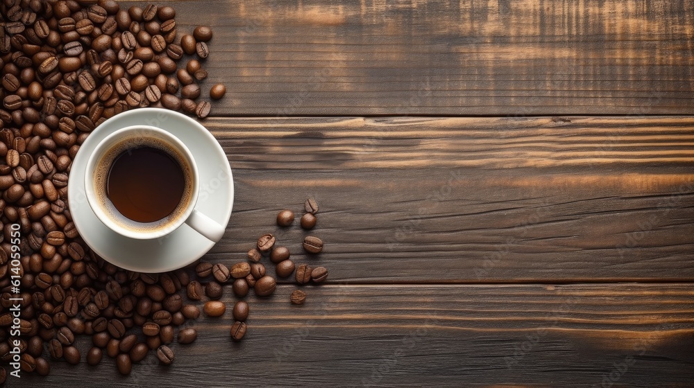 Top view, Coffee cup and beans on old kitchen table. Copyspace for your text. Generative ai