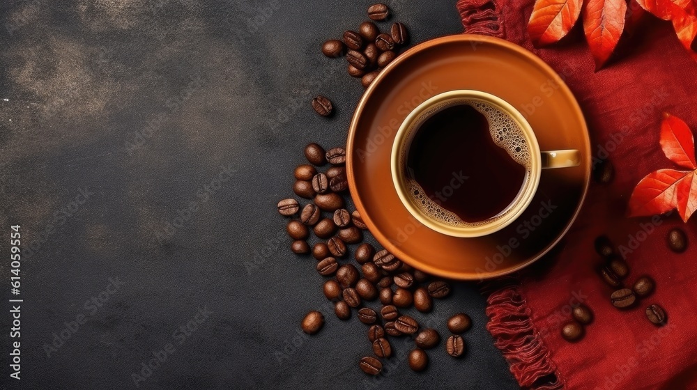 Top view, Coffee cup and beans on old kitchen table. Copyspace for your text. Generative ai