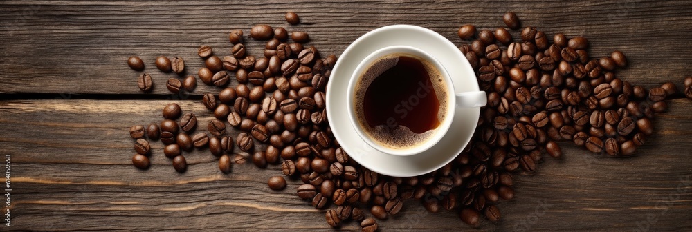 Top view, Coffee cup and beans on old kitchen table. Copyspace for your text. Generative ai