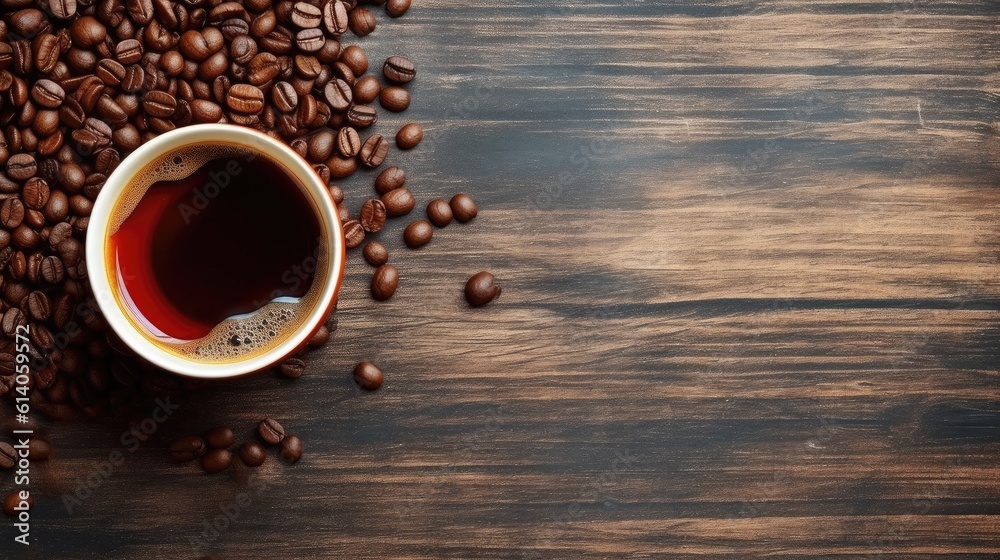 Top view, Coffee cup and beans on old kitchen table. Copyspace for your text. Generative ai