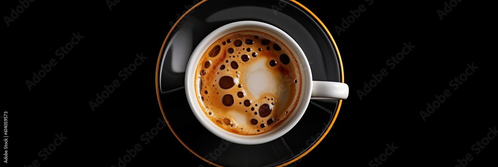 Top view, Cup of coffee on black background. Generative ai