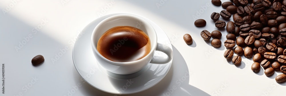 Top view, hot espresso and coffee bean on white background. Generative ai