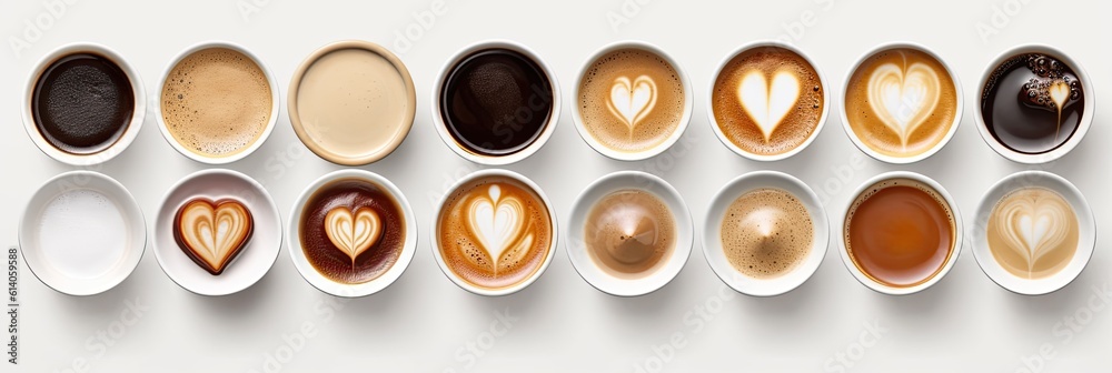 Top view, coffee cup assortment with heart sign top view collection isolated isolated on white backg