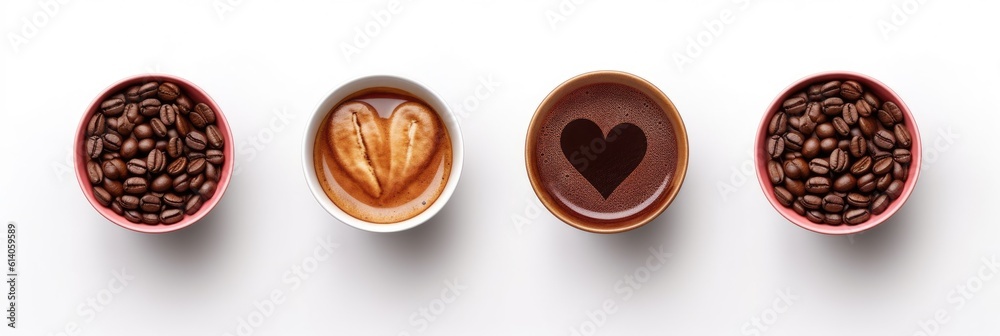 Top view, coffee cup assortment with heart sign top view collection isolated isolated on white backg