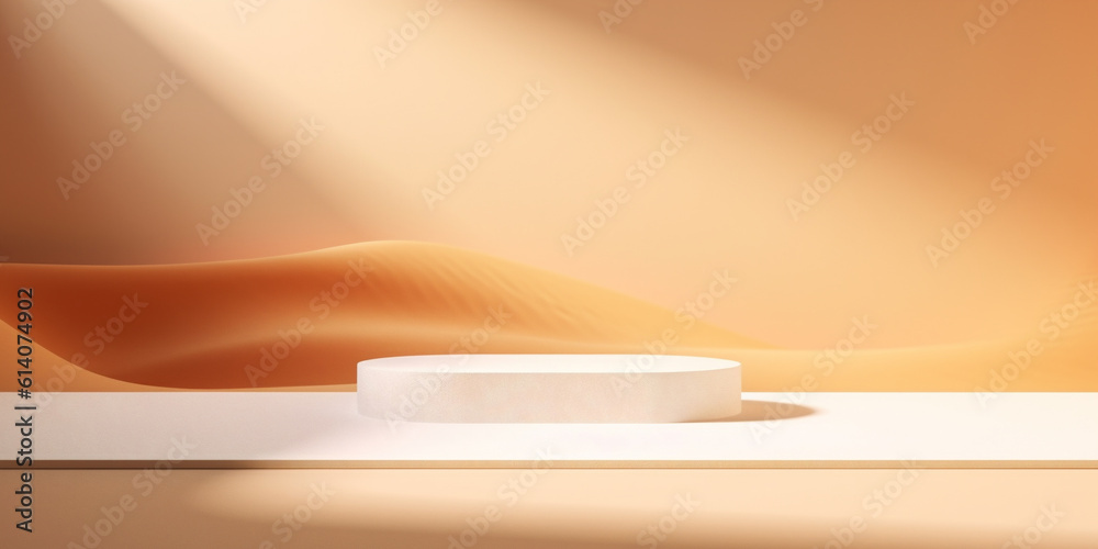 Sunlight falls on white podium with orange wavy textile form background template. Created with Gener