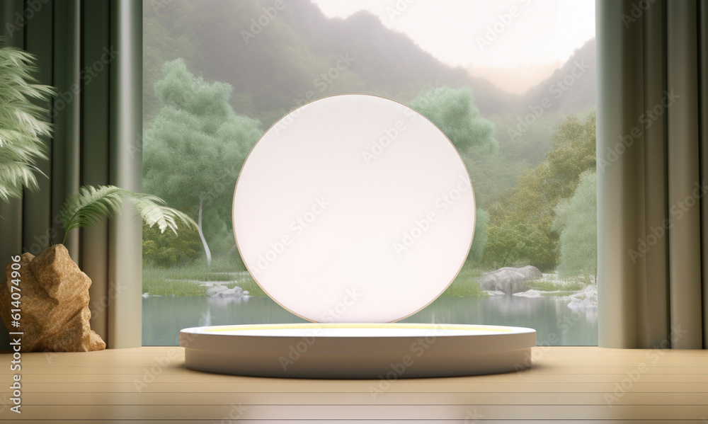 Glowing round disk on display podium with leaves, rocks, curtains on both side and outdoor view of f