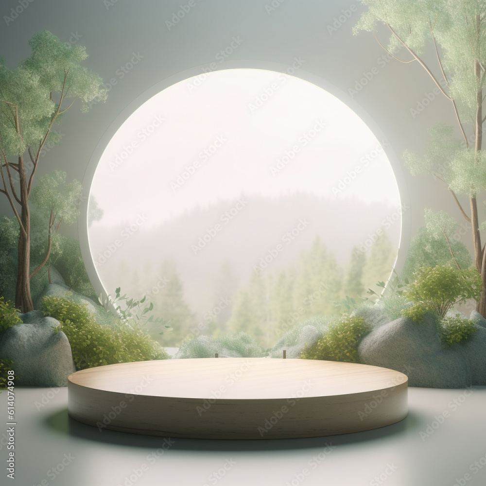 Foggy nature environment view through round door and wooden display podium background template. Crea