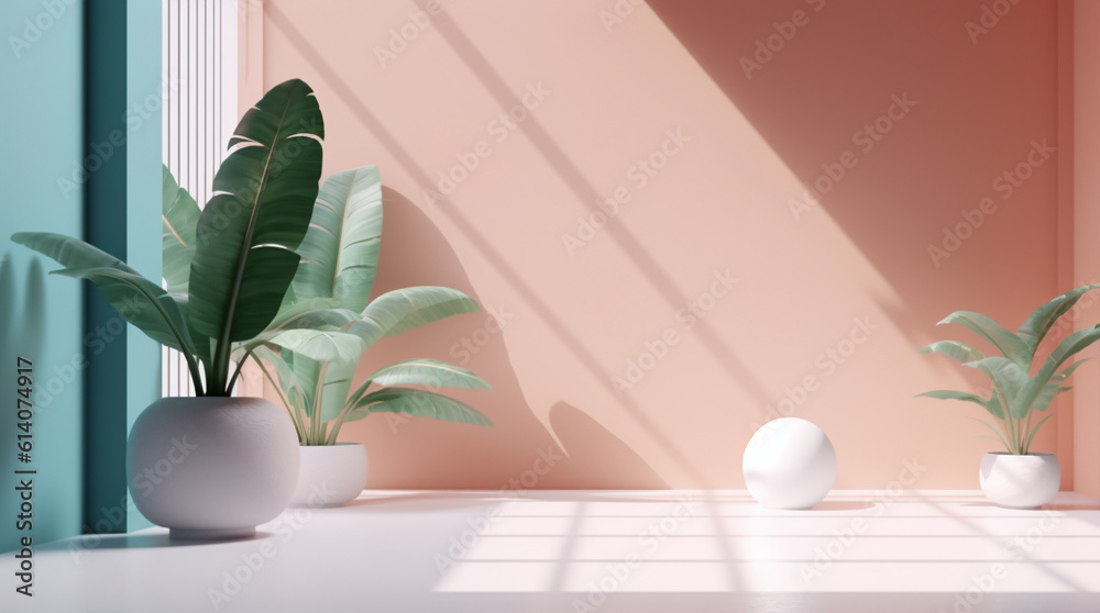 Sunlight falls into indoor studio with sphere shape decor and houseplant in the corner background te