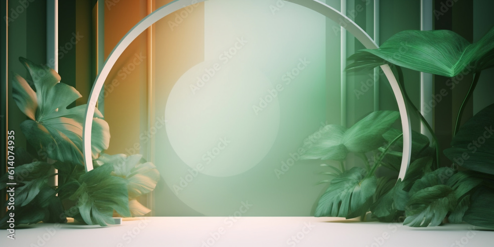 Indoor scene with arc decor and tropical leaves on orange green gradient background template. Create