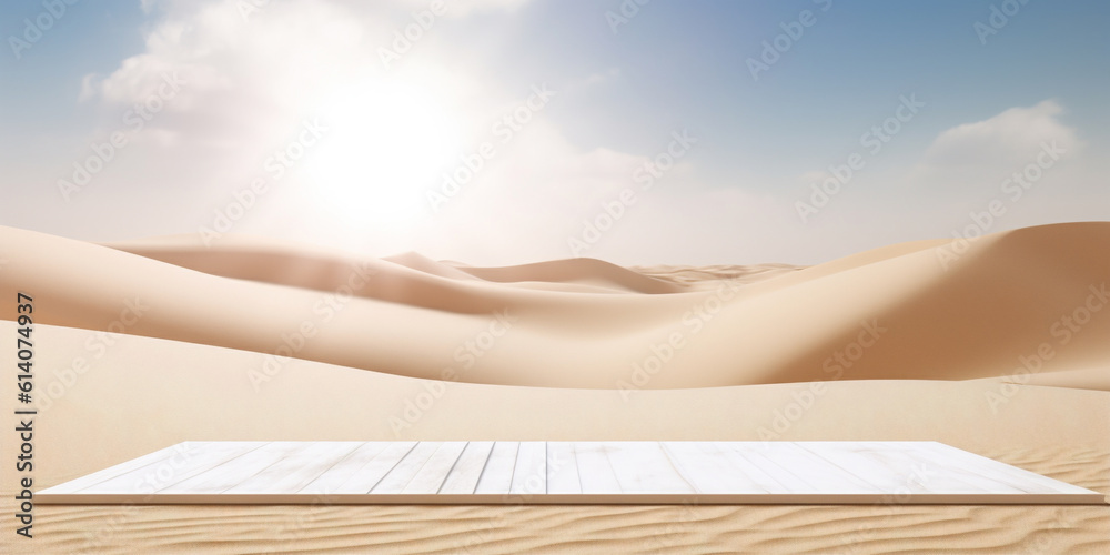 White floor in desert landscape with hot sun and sand dunes background template. Created with Genera