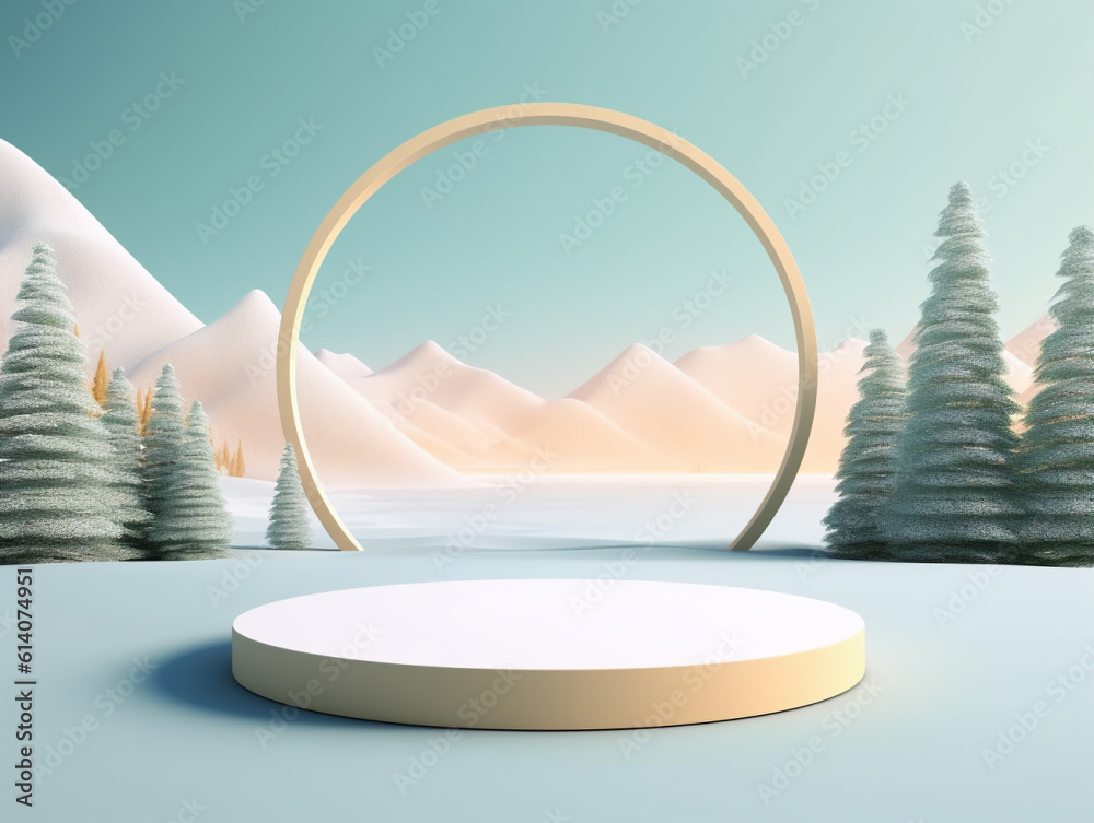 Display podium on snow covered field with round arch, pine tree forest and snow hills. Background te