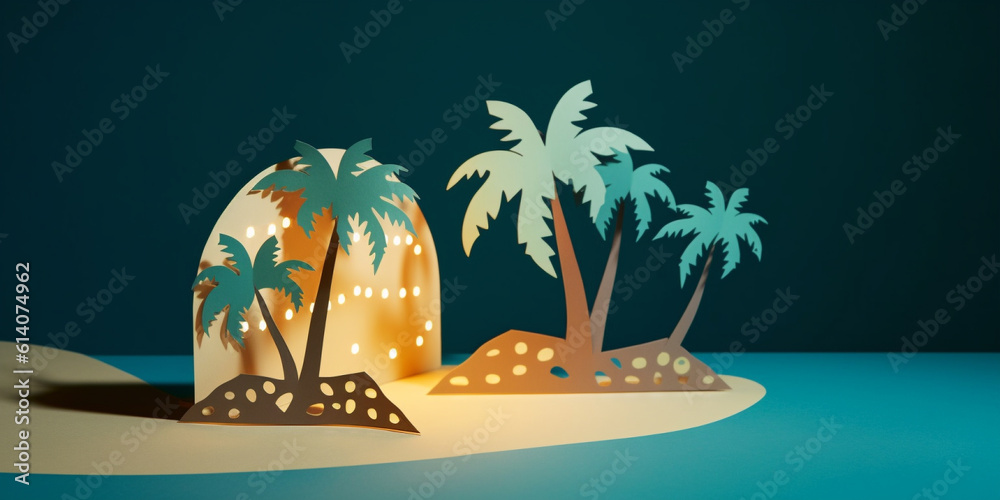 Paper art style of serene night beach set with palm tree and light bulb decor. Background template. 