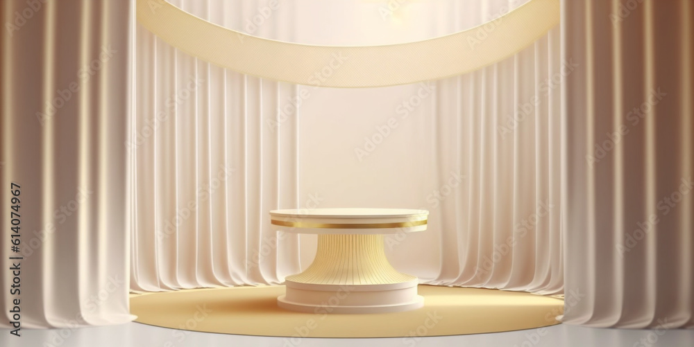 Elegant gold stripe display pedestal with beige curtain background template. Created with Generative