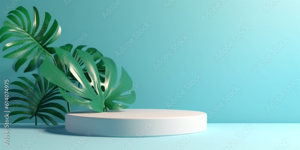 Light blue minimalist display podium with tropical plant decor background template. Created with Gen