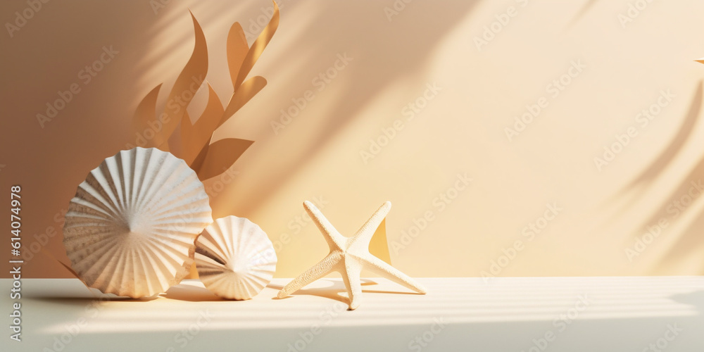 Tropical seashell and starfish decor on beige background template. Created with Generative AI techno