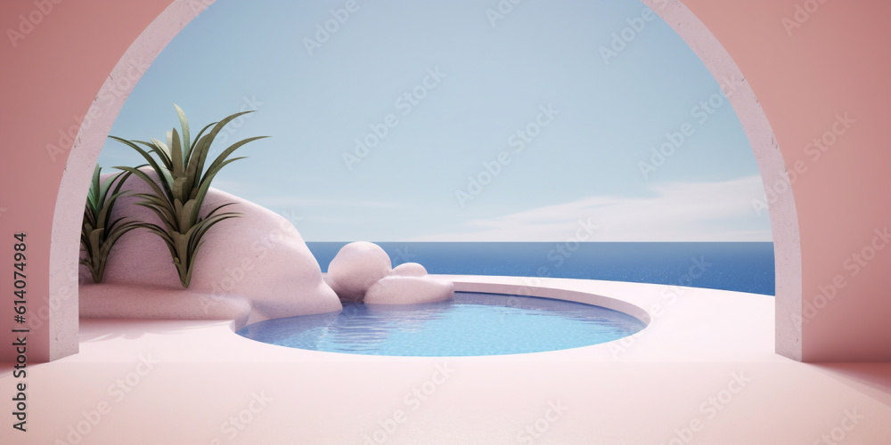 Romantic seafront view through light pink arch and round pool with and stone decor at the deck. Back