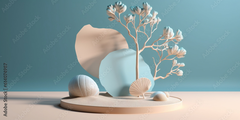 Pastel display podium with plants and round shape decor. Minimalist background template. Created wit