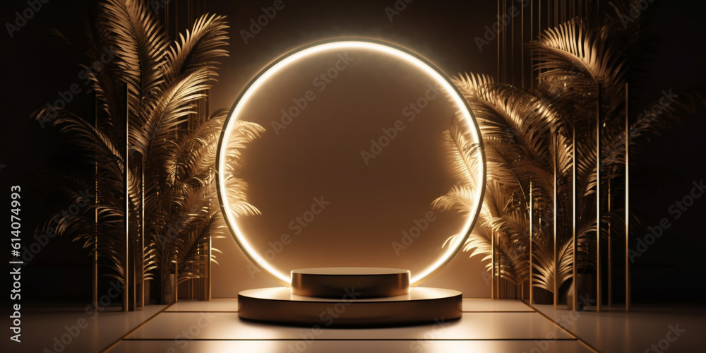 Glowing circle on display podium with palm trees in the back. Background template. Created with Gene