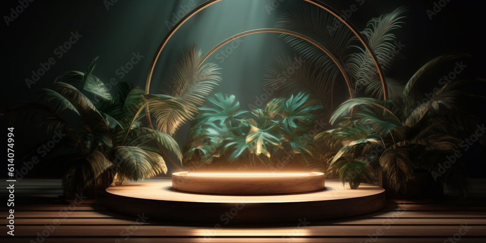 Glowing podium with tropical leaves decor background template. Created with Generative AI technology