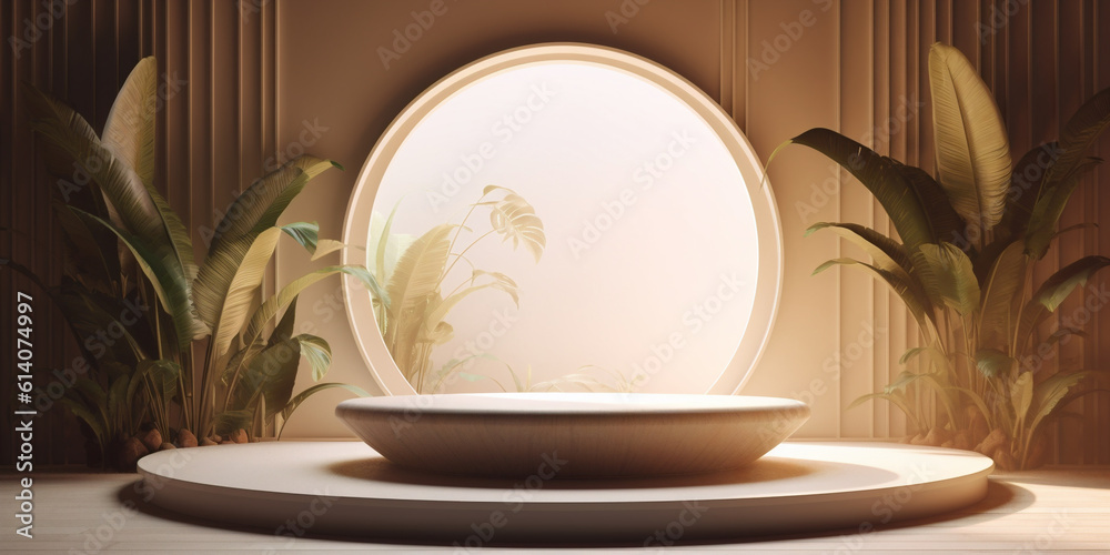 Rock texture podium with tropical leaves decor and arc window background template. Created with Gene