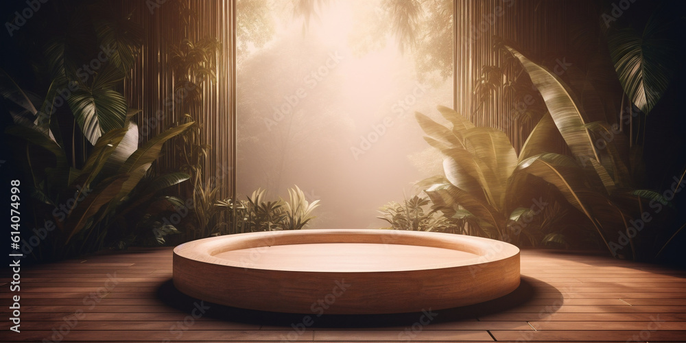 Wooden podium surrounded by tropical leaves decor and bamboo door.Tropical background template. Crea