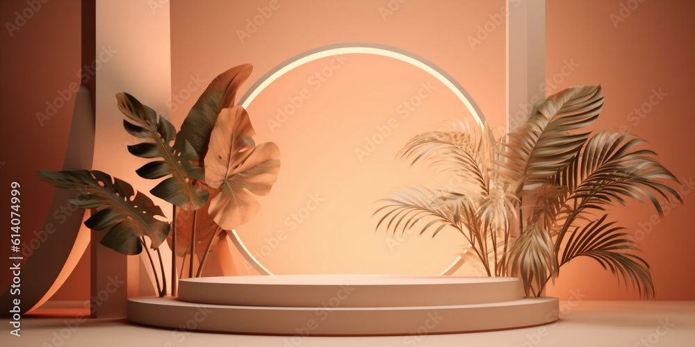 Glowing circle on display podium with tropoical trees along side. Peach orange background template. 