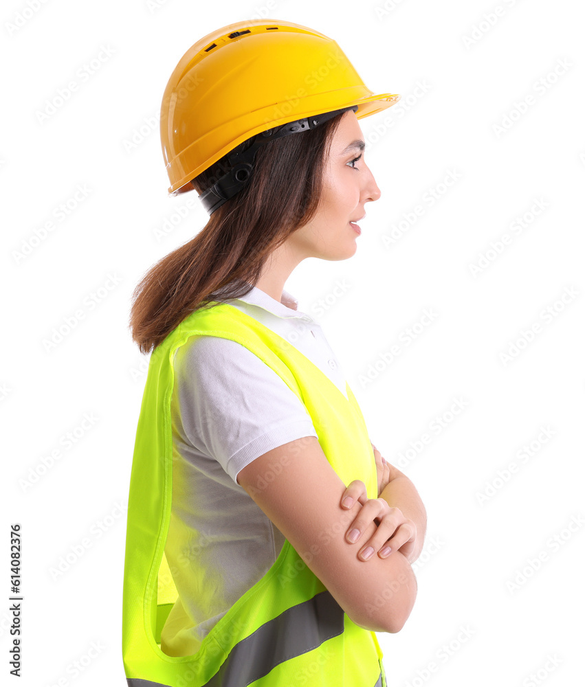 Female worker in vest and hardhat on white background